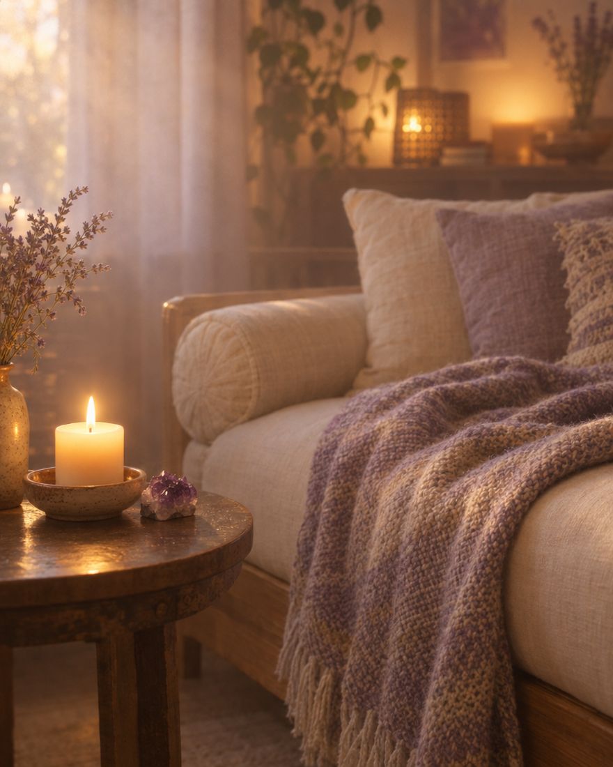 Een comfortabele fauteuil met een deken en kaarslicht