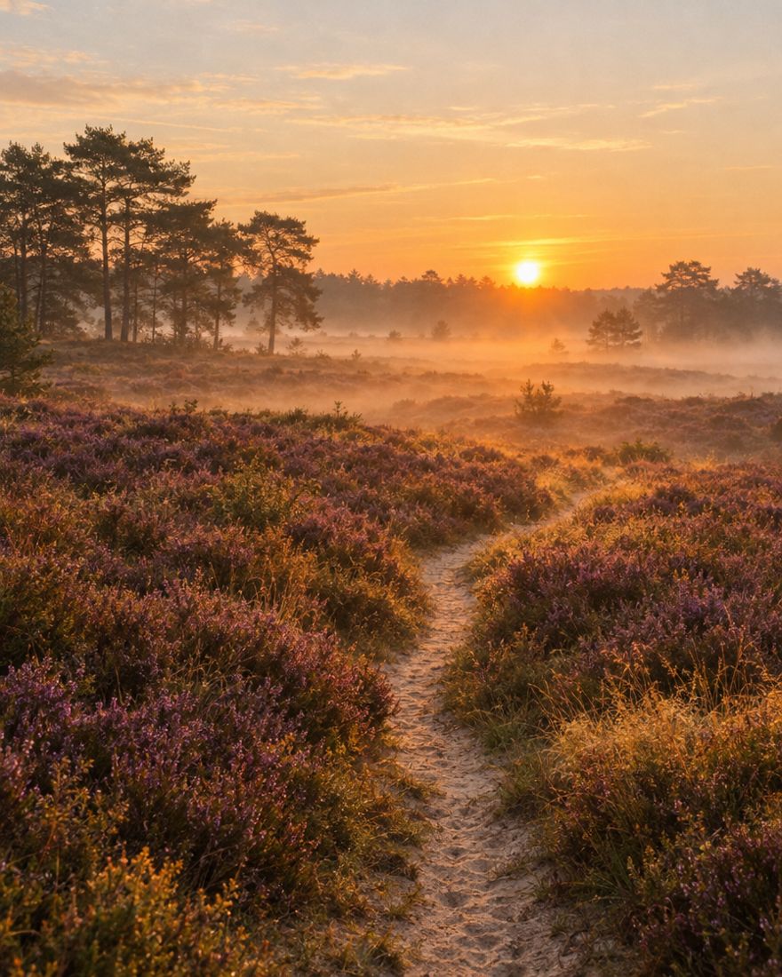 Een pad door de heide bij zonsopkomst