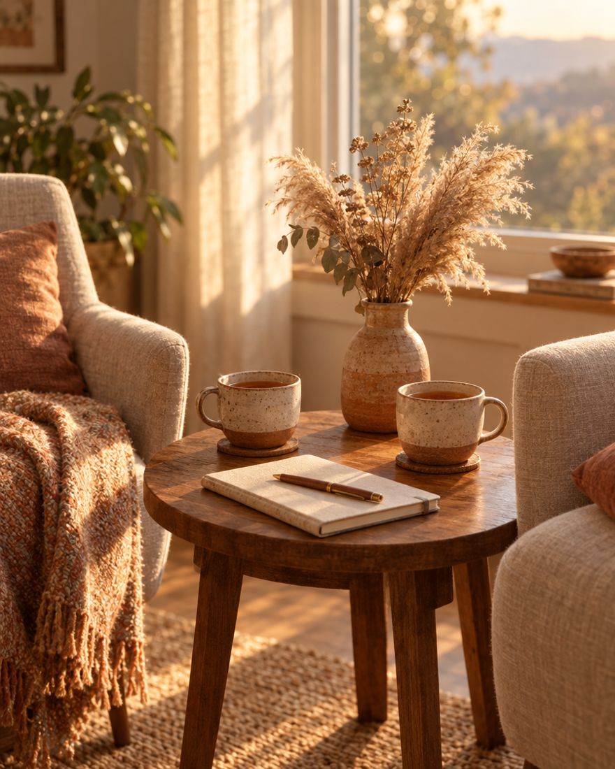 Twee fauteuils met thee en een notitieboek in een zonnige kamer
