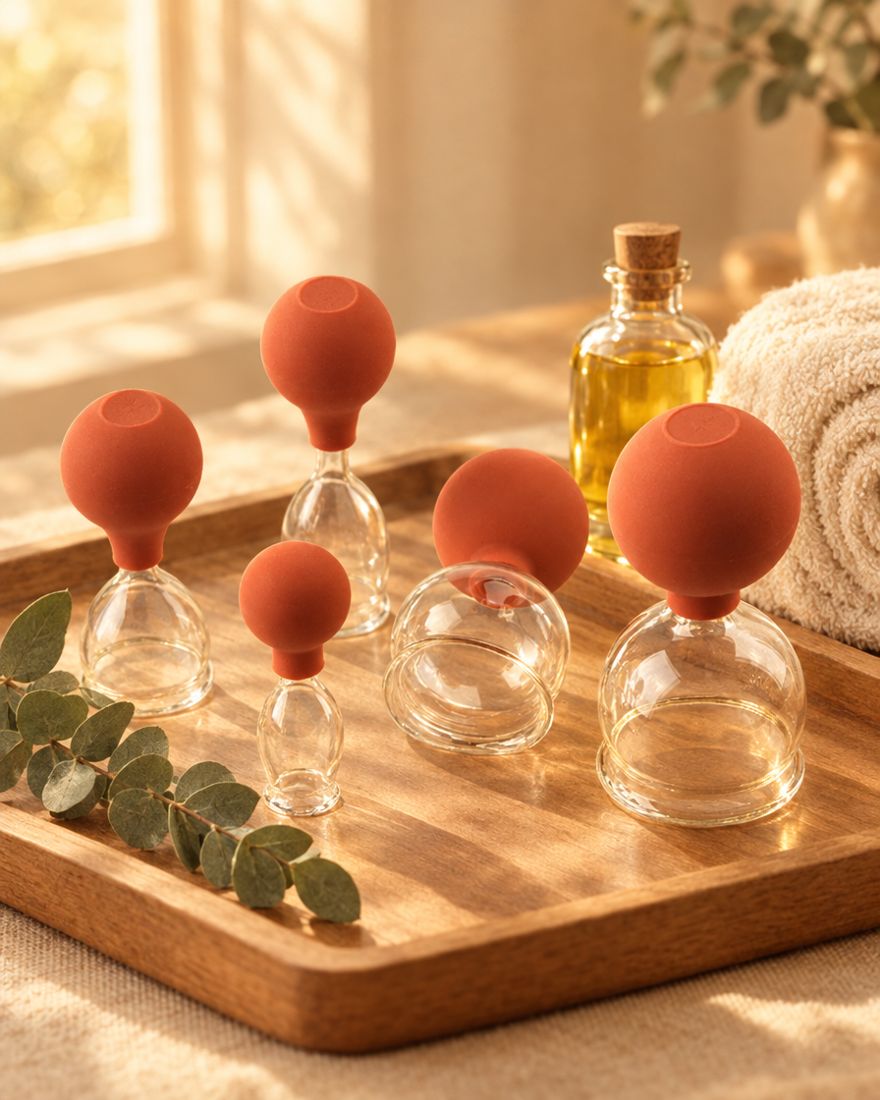 Glazen cuppingcups met rubberen ballonnetjes, massageolie en een handdoek op een houten dienblad