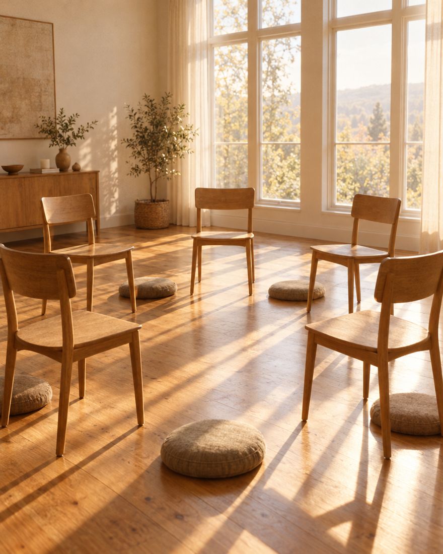 Een kring houten stoelen in een lichte ruimte