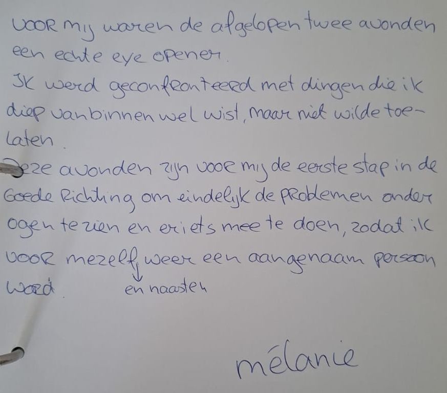 Handgeschreven ervaringsbrief van Mélanie